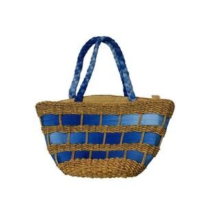 Cappelli Ombre Blue Ribbon Straw Bag Zip Top Braided Strap Tote Hand Bag